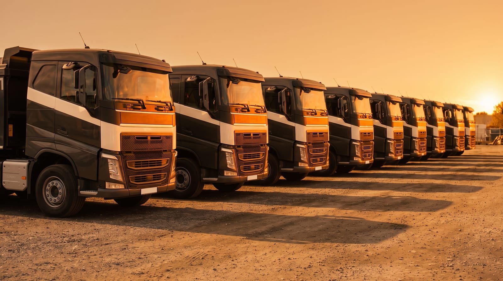 Shamas Transport trucks lined up at the company depot in Sharjah at golden hour