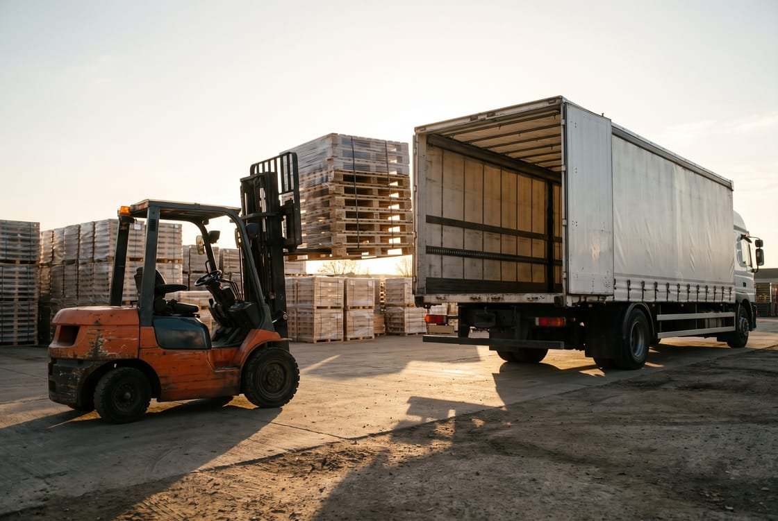 Forklift loading strapped pallets onto a curtain-side truck at a loading bay in a Sharjah logistics yard at golden hour